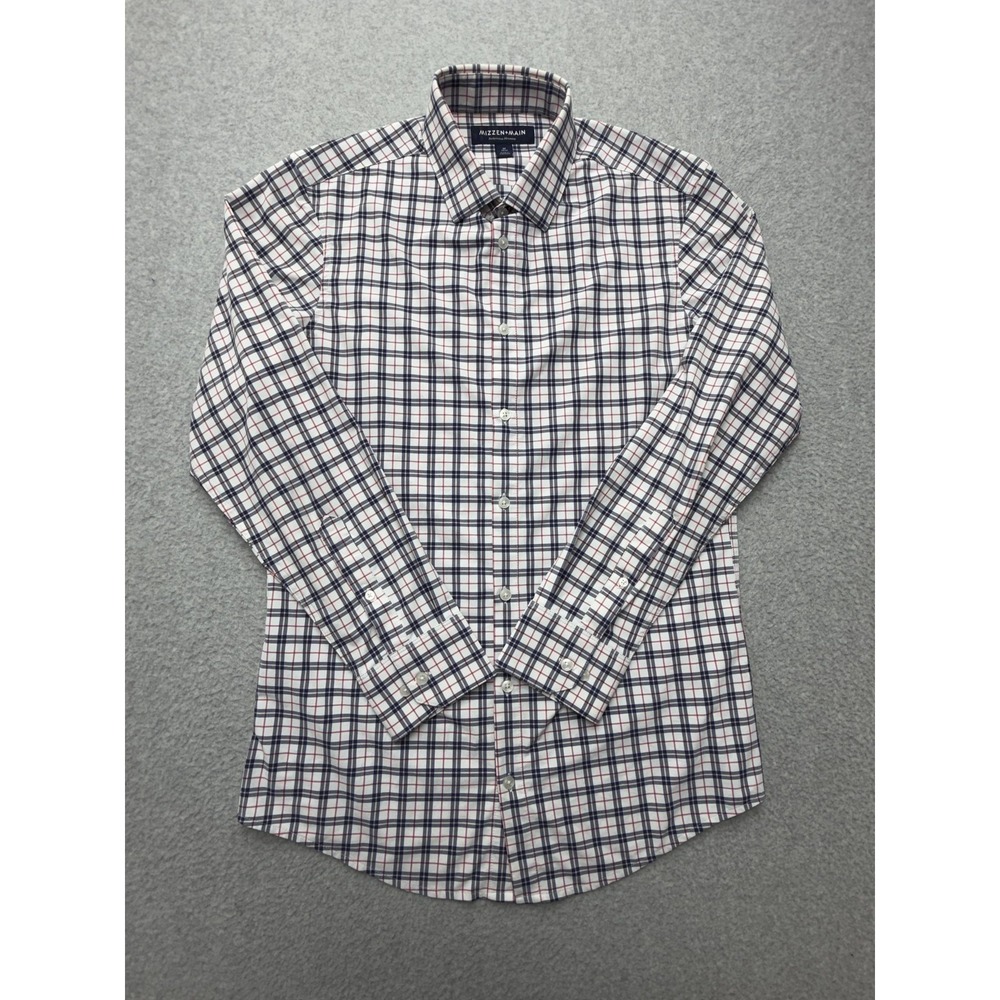 Mizzen+Main Dress Shirt‎ Mens Medium White Plaid Trim Fit Stretch Long Sleeve
